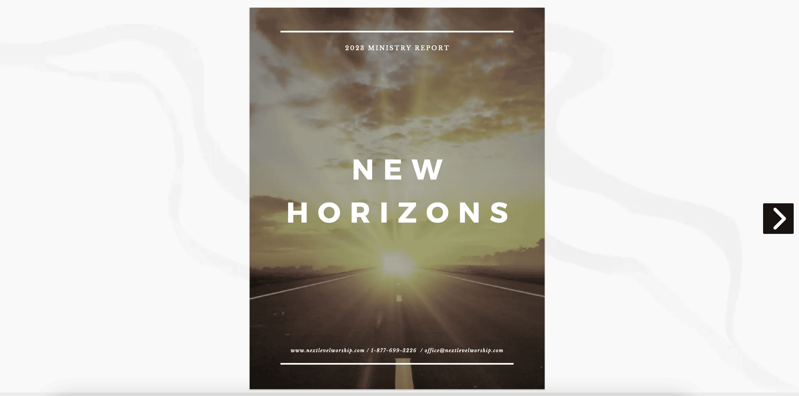 NLW International New Horizons ministry report with sunrise over road.